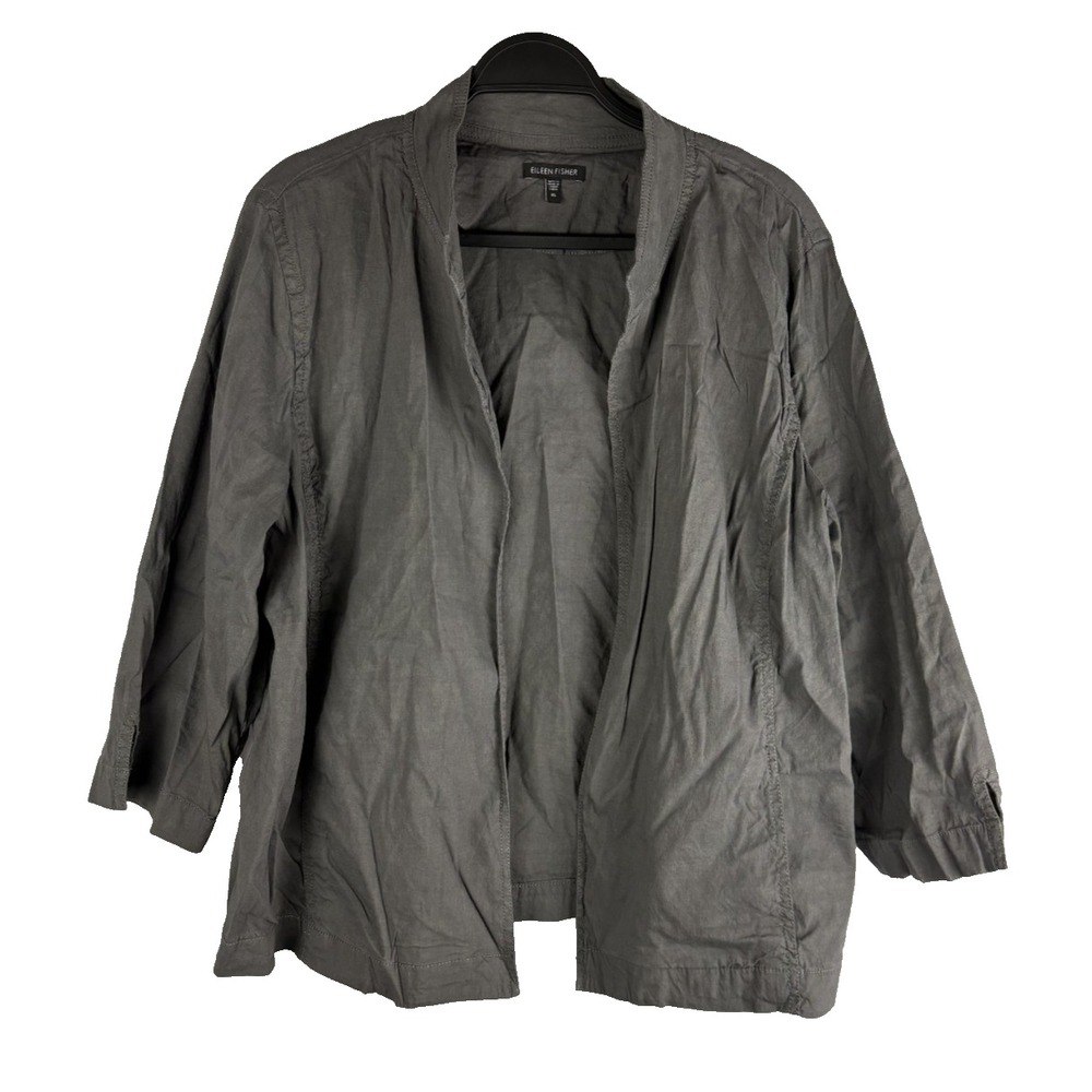 Eileen Fisher Linen Blend Blazer Jacket Sz XL Gray Open Boxy Minimalist Capsule